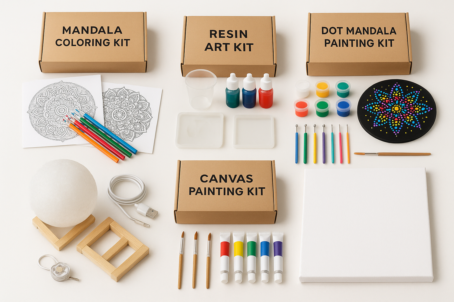 diy kits it should have mandala kits resin art kits, dot mandala kits, moon lamp kits and canvas kits