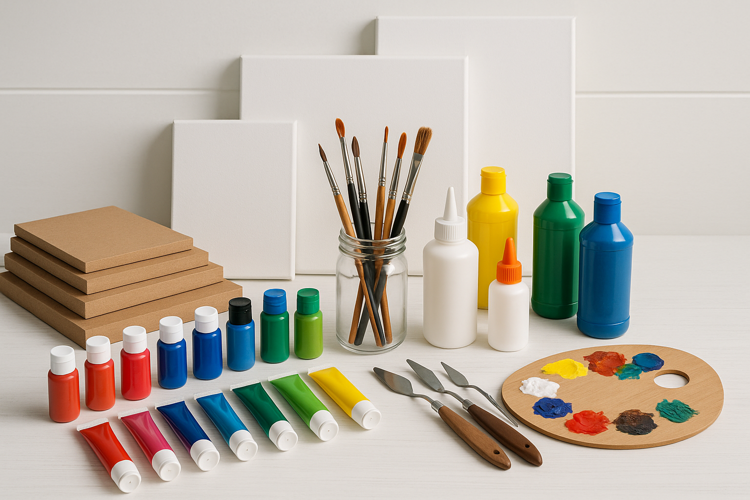 art supplies like mdf boards paints, canvases, brushes, glue